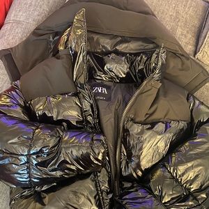 Zara shiny puffer coat .